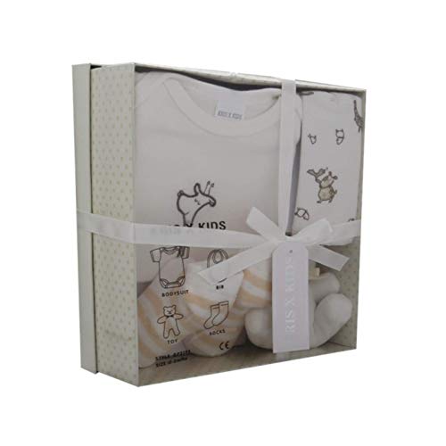Set de regalo para recién nacidos con mono, babero, peluche y calcetines en una caja de regalo 0-3 meses. blanco crema Talla:0-3 Meses