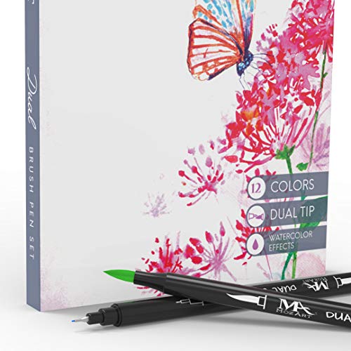 Set de rotuladores con doble punta de pincel- 12 colores - alta calidad, crea un efecto acuarela - Ideal para libros para colorear para adultos, manga, bullet journal, caligrafía - MozArt Supplies