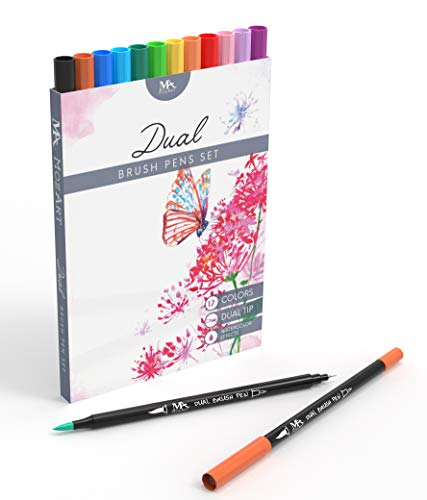 Set de rotuladores con doble punta de pincel- 12 colores - alta calidad, crea un efecto acuarela - Ideal para libros para colorear para adultos, manga, bullet journal, caligrafía - MozArt Supplies