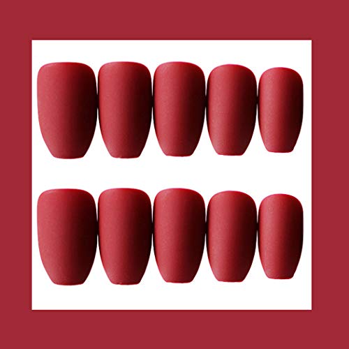 Sethexy 24 piezas Mate Bailarina Puro Color Uñas falsas Ataúd Cobertura total Medio Acrílico Puntas de uñas de arte Para mujeres y niñas(rojo)