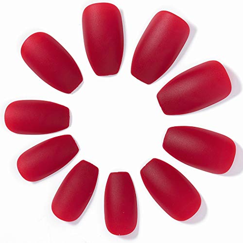 Sethexy 24 piezas Mate Bailarina Puro Color Uñas falsas Ataúd Cobertura total Medio Acrílico Puntas de uñas de arte Para mujeres y niñas(rojo)