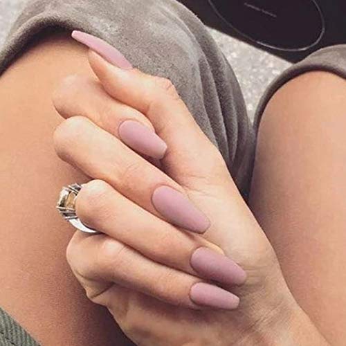 Sethexy 24 piezas Mate Bailarina Puro Color Uñas falsas Ataúd Cobertura total Medio Acrílico Puntas de uñas de arte Para mujeres y niñas(rosado)