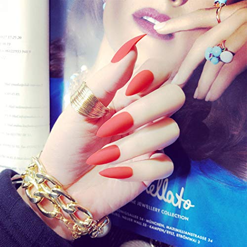 Sethexy 24 piezas Puro Color Mate Agudo Uñas falsas Escarchado Moda Estilete Cobertura total Largo Acrílico Garra Uñas postizas para mujeres y niñas (rojo)