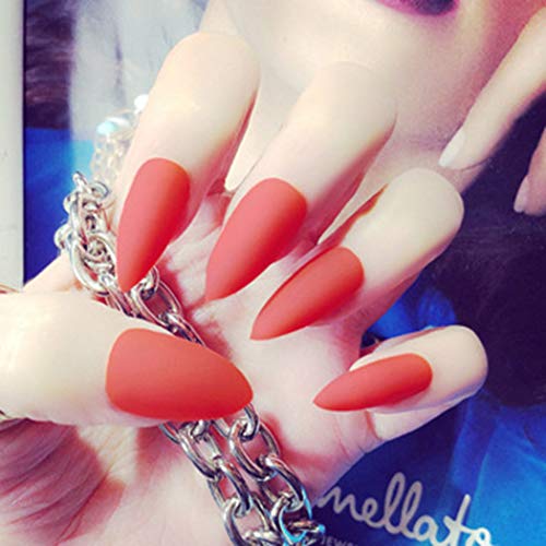 Sethexy 24 piezas Puro Color Mate Agudo Uñas falsas Escarchado Moda Estilete Cobertura total Largo Acrílico Garra Uñas postizas para mujeres y niñas (rojo)