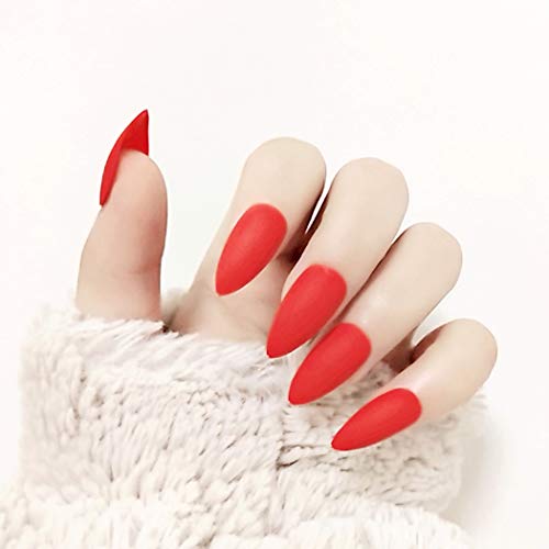 Sethexy 24 piezas Puro Color Mate Agudo Uñas falsas Escarchado Moda Estilete Cobertura total Largo Acrílico Garra Uñas postizas para mujeres y niñas (rojo)