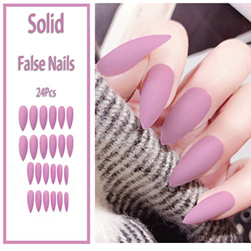 Sethexy 24 piezas Puro Color Mate Agudo Uñas falsas Escarchado Moda Estilete Cobertura total Largo Acrílico Garra Uñas postizas para mujeres y niñas (rosa)