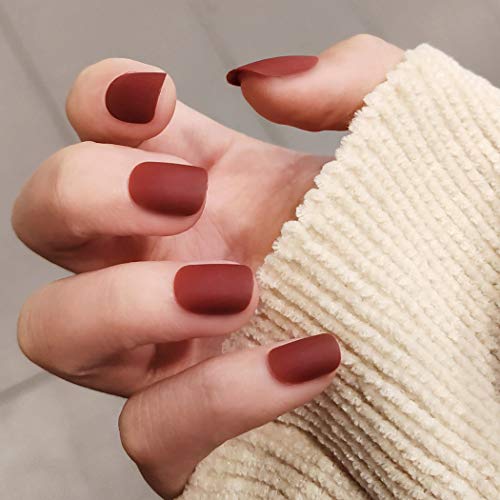 Sethexy Mate Corto Cuadrado Uñas postizas Puro rojo 24 piezas Cobertura total Acrílico Presione en puntas de uñas falsas para Mujer Niños Muchachas