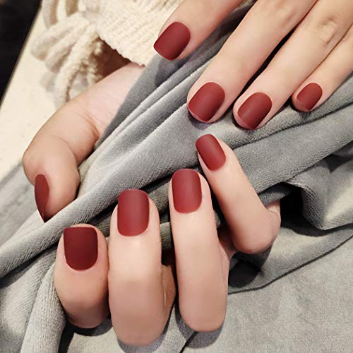 Sethexy Mate Corto Cuadrado Uñas postizas Puro rojo 24 piezas Cobertura total Acrílico Presione en puntas de uñas falsas para Mujer Niños Muchachas