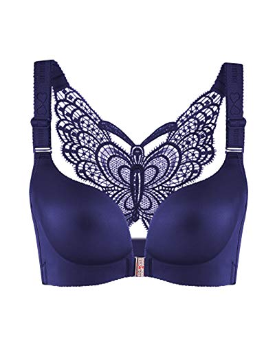 Shaoyao Mujer Sujetadores Brillante Todos Los Dias Push Up Cierre Frontal Invisible Espalda De Mariposa V Busto Bajo Cómodo Bra Azul Marino 50/115E