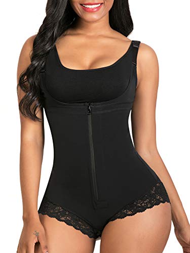 SHAPERX Mujer Bodysuits Underbust Body Shaper Abdomen Adelgazar Cintura Moldeadora Slimming Cremallera de Encaje Shapewear Bajar Peso Negro,UK-DT7200-Black-M