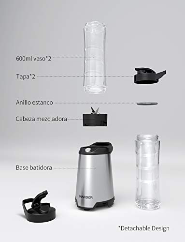 SHARDOR Batidoras de Vaso Individual Licuadora para Verduras y Frutas Multifuncional Blender Smoothies Zumos Acero Inocidable 2 Botellas Portátil Alta Capacidad 600ml sin BPA 350W