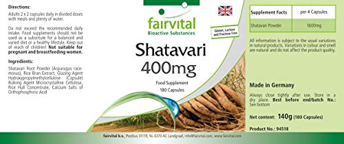 Shatavari 400mg - Asparagus racemosus - VEGANO - Dosis elevada - 180 Cápsulas - Calidad Alemana
