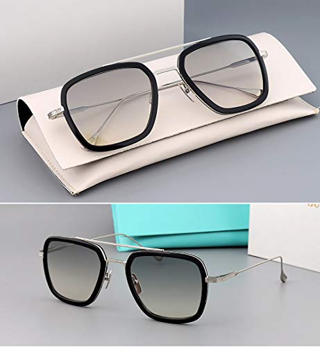 SHEEN KELLY Gafas de sol retro de gama alta Gafas Tony Stark Gafas cuadradas Montura de metal para hombres Mujeres Gafas de sol Iron Man Vuelo Mismo párrafo Transparente Lente Gradiente Gris