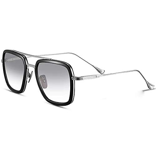 SHEEN KELLY Gafas de sol retro de gama alta Gafas Tony Stark Gafas cuadradas Montura de metal para hombres Mujeres Gafas de sol Iron Man Vuelo Mismo párrafo Transparente Lente Gradiente Gris