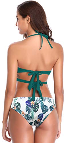 SHEKINI Bañadores de Mujer Front Cross Bandage Bikini Floral impressión Bikini Mujer Push Up Traje de baño para Mujer(Small, Verde Oscuro)