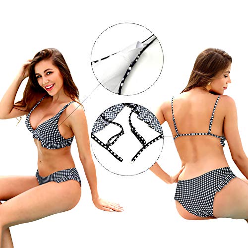 SHEKINI Mujer Bikini Sexy Traje de Baño de Dos Piezas Cintura Baja Pantalones de Baño Encaje (S, Plaid-Negro)