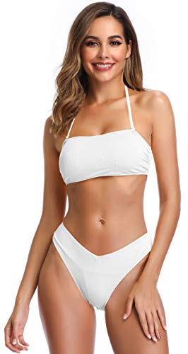 SHEKINI Mujer Bikini Top de Tubo Traje de Baño Dividido Cuello Colgando Calzoncillos Detalle Alto (L, Blanco)