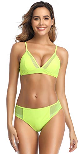 SHEKINI Mujer Conjunto de Bikini Sexy Traje de Baño de Malla Calado Shorts de Baño de mMalla de Cintura Baja (S, Amarillo Fluorescente)