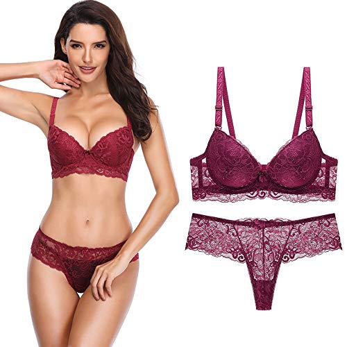 SHEKINI Mujer Conjunto de Ropa Interior Sexy Tanga Conjunto de lencería Encaje (38/85B, Rojo)