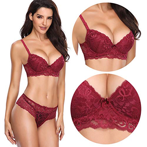 SHEKINI Mujer Conjunto de Ropa Interior Sexy Tanga Conjunto de lencería Encaje (38/85B, Rojo)