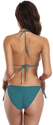 SHEKINI Mujer de Lazo Lateral de la Parte Inferior Push Up Remata Superior Triángulo Bikini Bañador (Medium, Verde Oscuro)