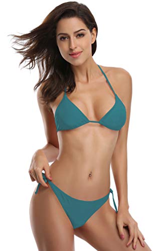 SHEKINI Mujer de Lazo Lateral de la Parte Inferior Push Up Remata Superior Triángulo Bikini Bañador (Medium, Verde Oscuro)