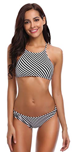 SHEKINI Mujeres Trajes de Baño Cuello Alto Impresión Stripe String Bikini Traje de Baño de Dos Piezas (Small, Franja Negro-Blanca)