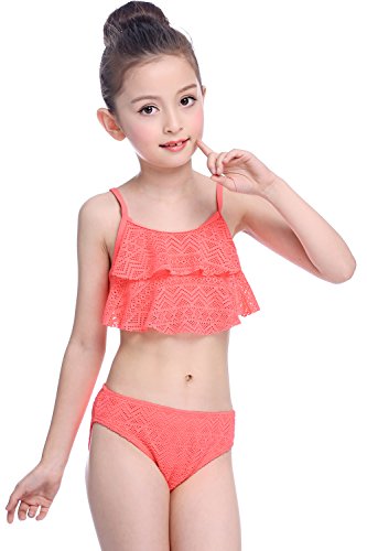 SHEKINI Niñas Niños Dos Pieces Bikini Set Lace Swimsuit 2 Piece Bañador Swimwear (10-12 años de Edad, Rojo Claro)