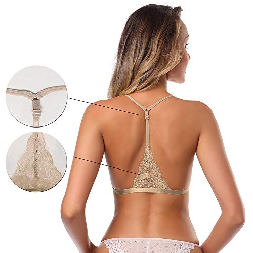 SHEKINI Sujetador Bralette de Triángulo de Encaje Flor Crochet con Cierre Delantero con Relleno Extraíble sin Aros y Tirante Ajustable Estilo Plunge para Mujer (Malva Pálido, XL)