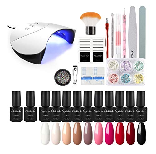 Shelloloh 7ml Esmalte de Gel Semipermanente Kit Uñas en Gel 10pcs Secador de Uñas LED/UV 36W Gel Esmalte de Uñas Curado Luz Máquina Base Top Gel para Manicura