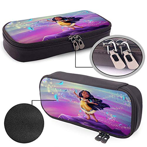shenguang Estuche de cuero para lápices Anime Pocahontas Kid Leaves Estuche para bolígrafos Estuche para lápices Papelería Maquillaje cosmético Bolso con doble cremallera para adultos Niñas