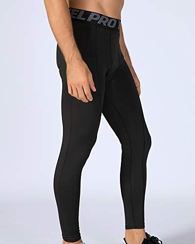 Shengwan Leggings Largos Hombre Mallas de Compresión Secado Rápido Yoga Deportes Pantalones de Correr con Bolsillo Negro M