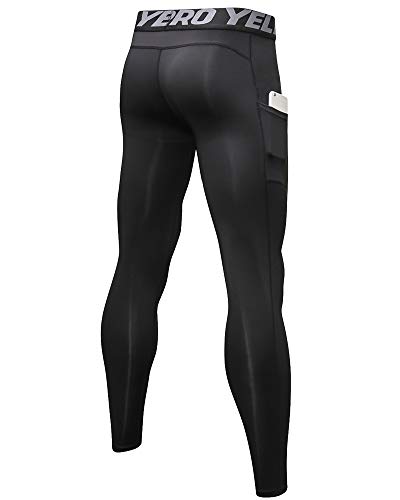 Shengwan Leggings Largos Hombre Mallas de Compresión Secado Rápido Yoga Deportes Pantalones de Correr con Bolsillo Negro M
