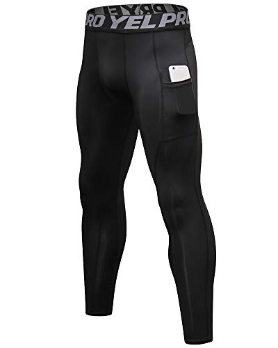 Shengwan Leggings Largos Hombre Mallas de Compresión Secado Rápido Yoga Deportes Pantalones de Correr con Bolsillo Negro M