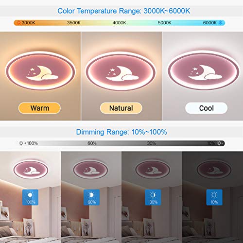 SHILOOK Plafón LED de Techo Redondo Regulable con Mando a Distancia, 36W para Dormitorio, Habitación Infantil para Niñas, Diseño de Luna y Nube 3000K-6000K 2700LM, Rosa Superficie 40cm