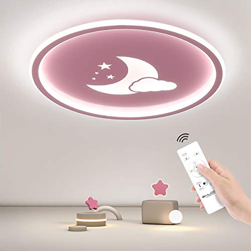 SHILOOK Plafón LED de Techo Redondo Regulable con Mando a Distancia, 36W para Dormitorio, Habitación Infantil para Niñas, Diseño de Luna y Nube 3000K-6000K 2700LM, Rosa Superficie 40cm