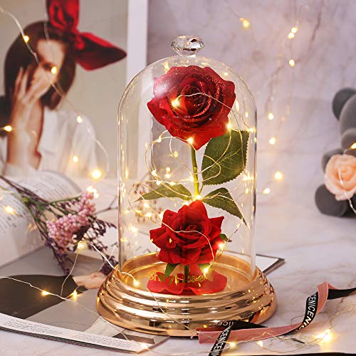 shirylzee Rosa Encantada La Bella y Bestia Flower Lámparas Rosas Artificiales Seda Glass Dome Luces LED Base de Cobre Regalos Día de la Madre Aniversario Bodas Cumpleaños San Valentin Mujer romantico