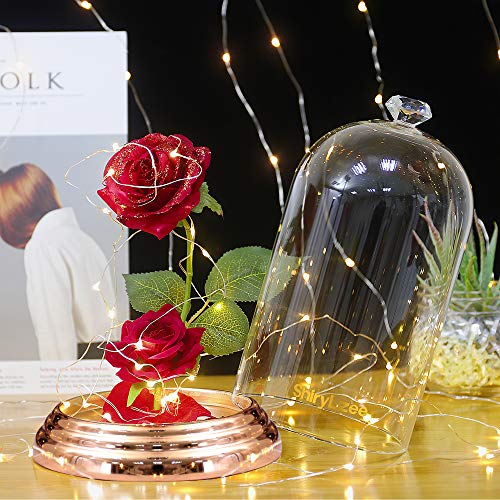 shirylzee Rosa Encantada La Bella y Bestia Flower Lámparas Rosas Artificiales Seda Glass Dome Luces LED Base de Cobre Regalos Día de la Madre Aniversario Bodas Cumpleaños San Valentin Mujer romantico