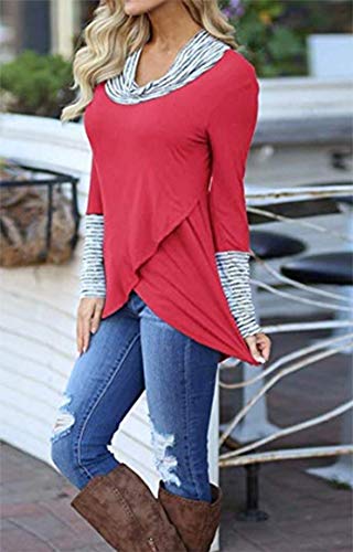 SHOBDW Mujeres Retro O-Cuello Franja de Manga Larga Sudadera Jersey Tops Blusa Camisa (Rojo, XXL)