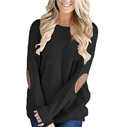 SHOBDW Mujeres Sueltas de Manga Larga de Patchwork sólida Camiseta Inferior Blusa Tops (Negro, S)