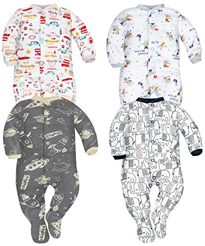 Sibinulo Nino Nina Pijama Bebé Pelele de ABS Pack de 4 Autos Ratones Cosmos y Elefantes Negros 92(18-24 Meses)