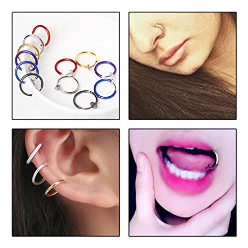 Sicai 12 piezas Fake Earrings Hoop, aretes sin perforaciones 6 colores, anillo de nariz Ear Lip Clip Body Jewelry