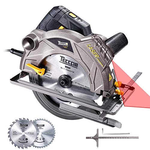 Sierra Circular, TECCPO 1500W 5800 RPM Sierras Circulares, Guía Láser, 2 Hojas Ø185mm, Profundidad de Corte 63mm (90°), 45mm (45°), Motor de Cobre Puro - TACS01P