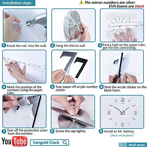 Silenciar DIY Frameless Gran Reloj De Pared Números 3D Relojes De Pared Espejo Pegatina Para Ministerio Del Interior Decoraciones (Plata-73)