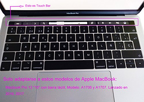 Silicone/ Silicona Skin Española ES Cubierta del teclado /Keyboard Cover para MacBook Pro 13 y 15 con Touch Bar / Barra táctil Modelos A1706 y A1707 y A1989 y A1990, Lanzado en 2016 2017 2018 (Negro)