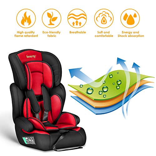 Silla de coche, Besrey bebe silla coche Grupo 1/2/3 para bebe/niños de 9 meses a 12 años, 5 puntos fijos, Reposacabezas ajuste de altura de 4 posiciones, Puede sentarse o acostarse（Rojo elegante）