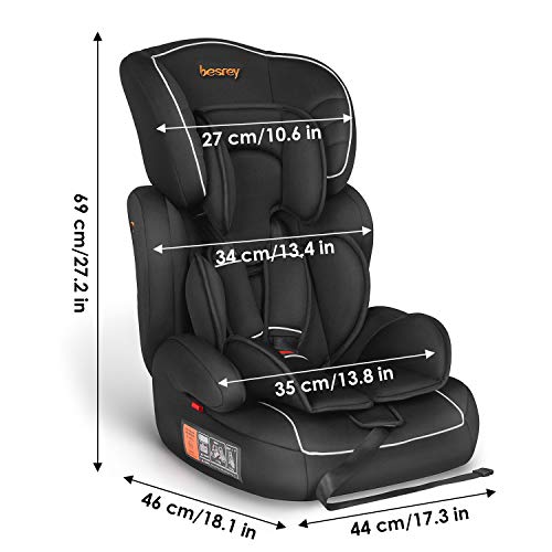Silla de coche, Besrey bebe silla coche Grupo 1/2/3 para bebe/niños desde 9 meses a 12 años, 5 puntos fijos, Reposacabezas ajuste de altura de 4 posiciones, Puede sentarse o sentarse（Negro）