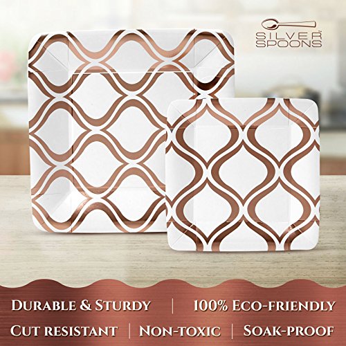 Silver Spoons Vajilla para Fiestas Desechable de 36 Piezas | 18 Platos Grandes | 18 Platos para Ensalada/Postre |Para Bodas Y Comidas de Lujo | Cuadrados de Color Rosado Metalizado - Moroccan