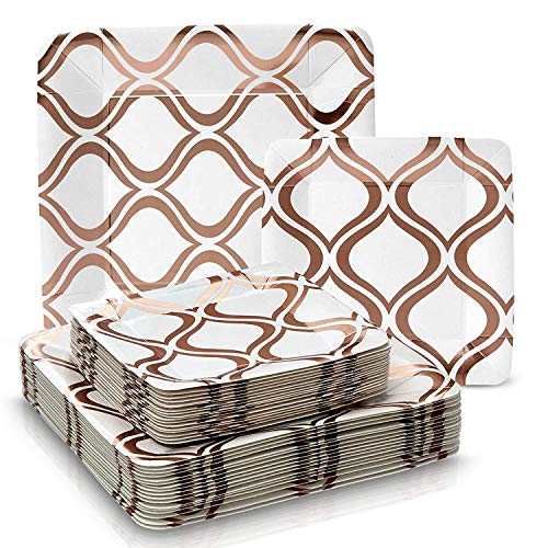 Silver Spoons Vajilla para Fiestas Desechable de 36 Piezas | 18 Platos Grandes | 18 Platos para Ensalada/Postre |Para Bodas Y Comidas de Lujo | Cuadrados de Color Rosado Metalizado - Moroccan