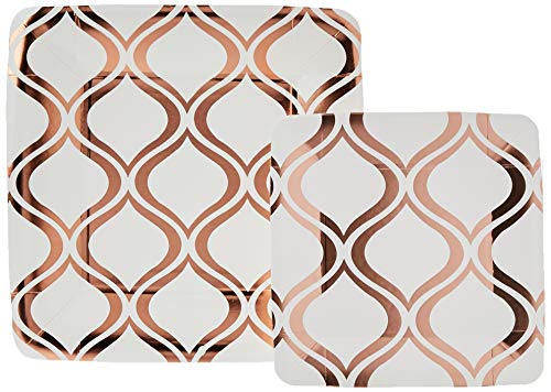 Silver Spoons Vajilla para Fiestas Desechable de 36 Piezas | 18 Platos Grandes | 18 Platos para Ensalada/Postre |Para Bodas Y Comidas de Lujo | Cuadrados de Color Rosado Metalizado - Moroccan